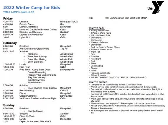 winter camp schedule