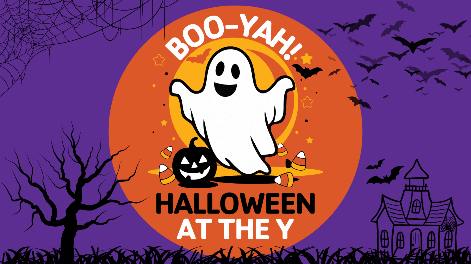 Halloween image featuring a ghost, jack-o-lantern, bats, and candy corn